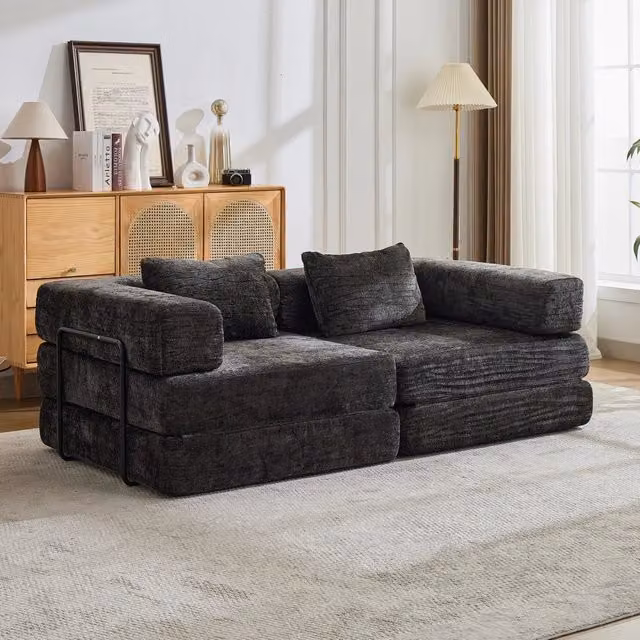 Divano letto da pavimento pieghevole convertibile in ciniglia nero