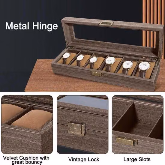 Scatola portaorologi in legno - 6 scomparti - Scatola portaoggetti - Finto cuoio - Coperchio in vetro