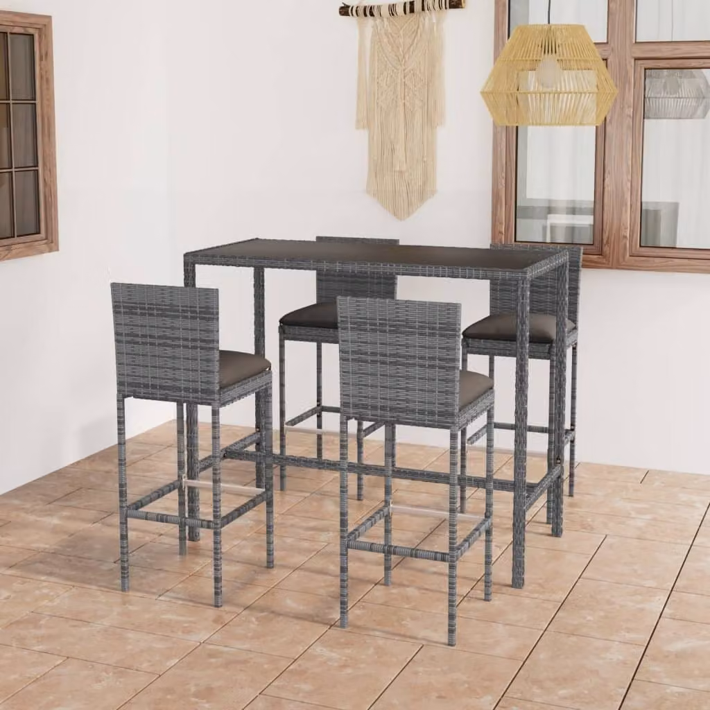 The Living Store Set bar da giardino 5 pezzi con cuscini in poly rattan grigio