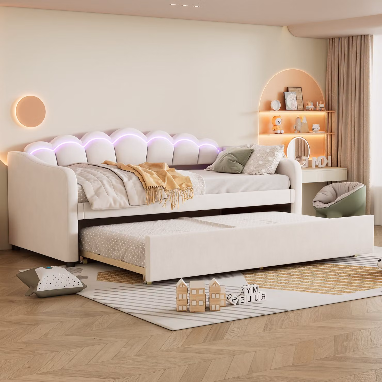 Letto da giorno Sweiko, letto da giorno 90x200cm con letto estraibile, divano letto, letto singolo (senza materasso), velluto, luce ambiente cambia colore, telecomando, stile minimalista, beige