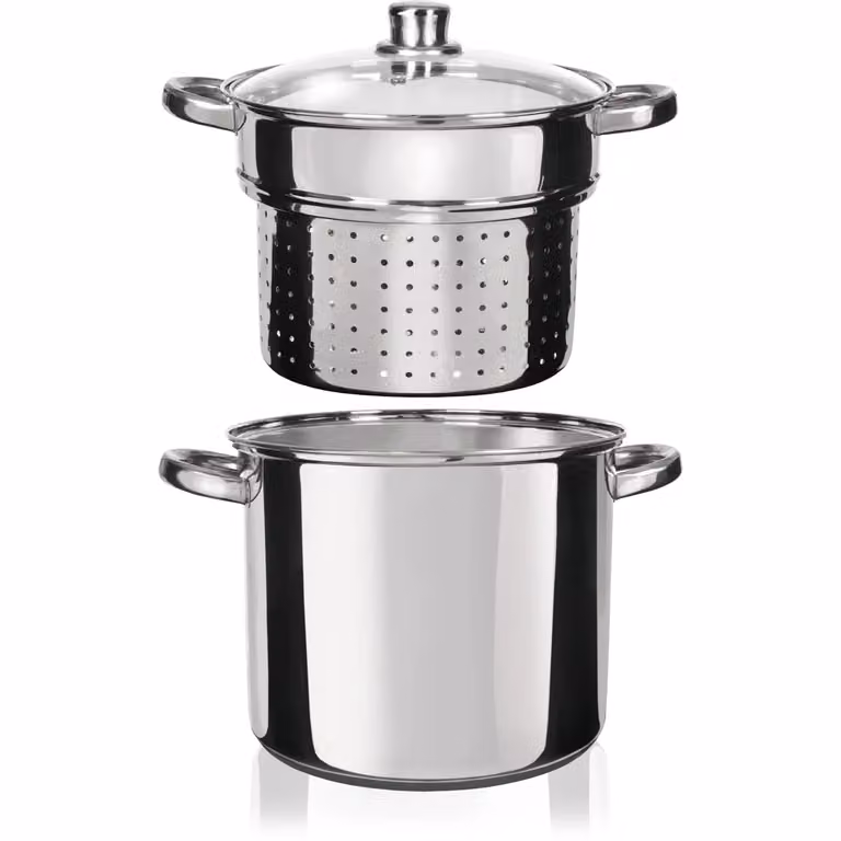 GUSTO CASA Pentola Cuocipasta PastaExpress in Acciaio Inox con Coperchio in Vetro, Argento, Diametro: 24 cm