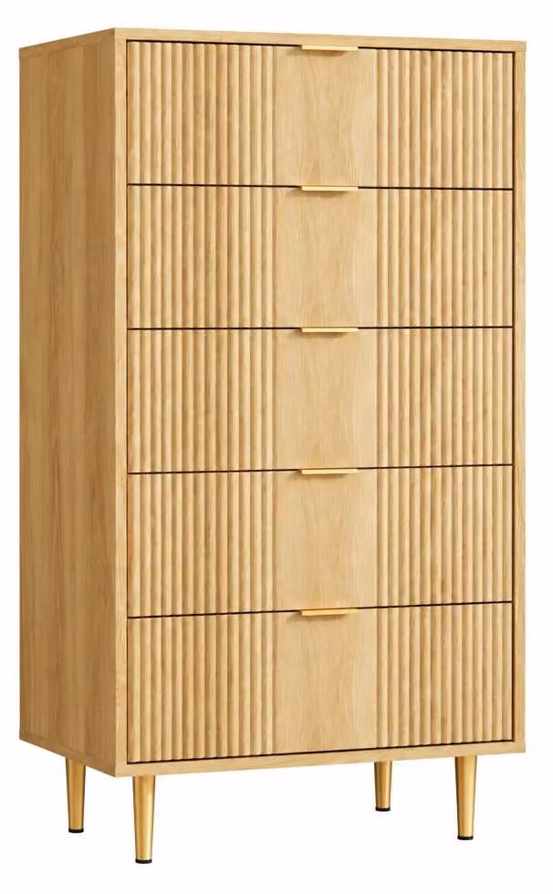 Set di 2 comodini con 5 cassetti, bordi arrotondati, mobiletto alto, finitura noce naturale