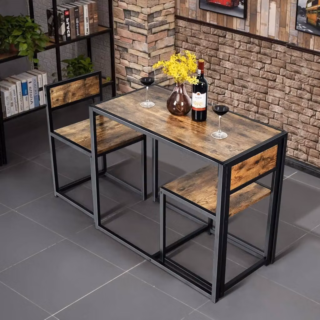 Set da pranzo Costway composto da tavolo rettangolare e 2 sedie in metallo e legno, stile rustico, Nero e Marrone – 2