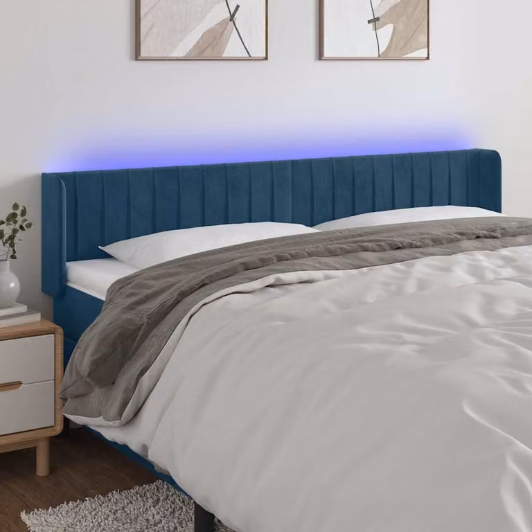 Testiera per letto vidaXL in velluto blu scuro con illuminazione LED integrata e porta di ricarica USB, L: 183 cm, P: 16 cm, H: 78-88 cm