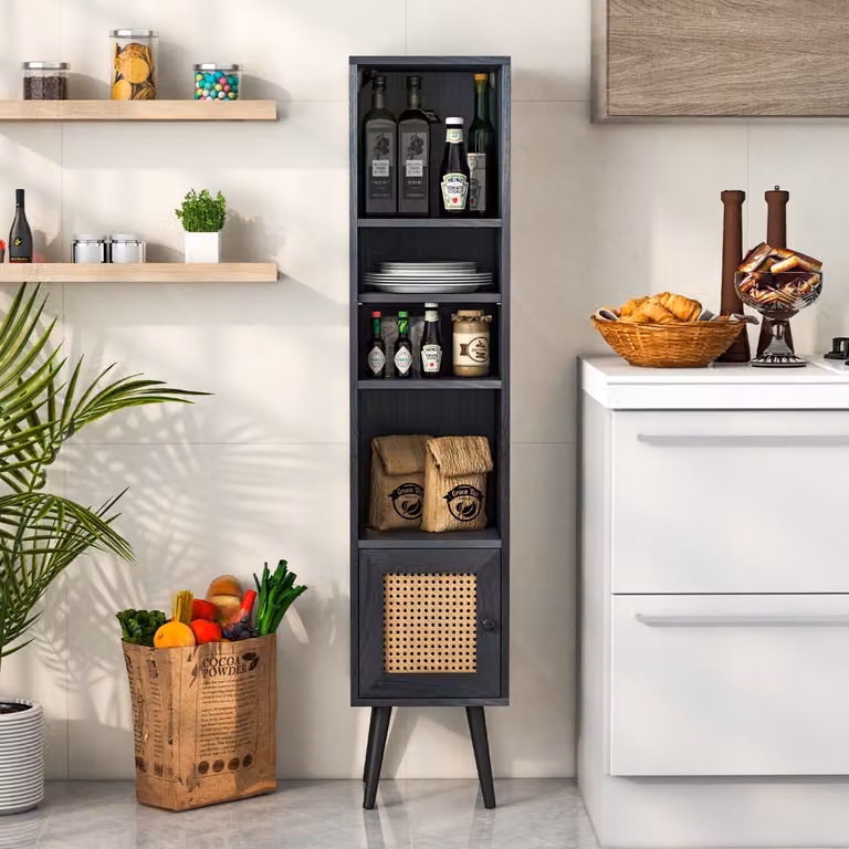 Armadietto boho Costway con ante in rattan e gambe in legno massello, mobile sottile autonomo con ripiani regolabili, Nero