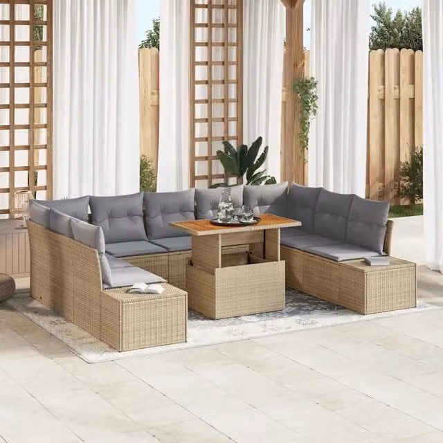 Set Divano da Giardino a Forma di U vidaXL in Rattan Beige con Cuscini e Tavolino