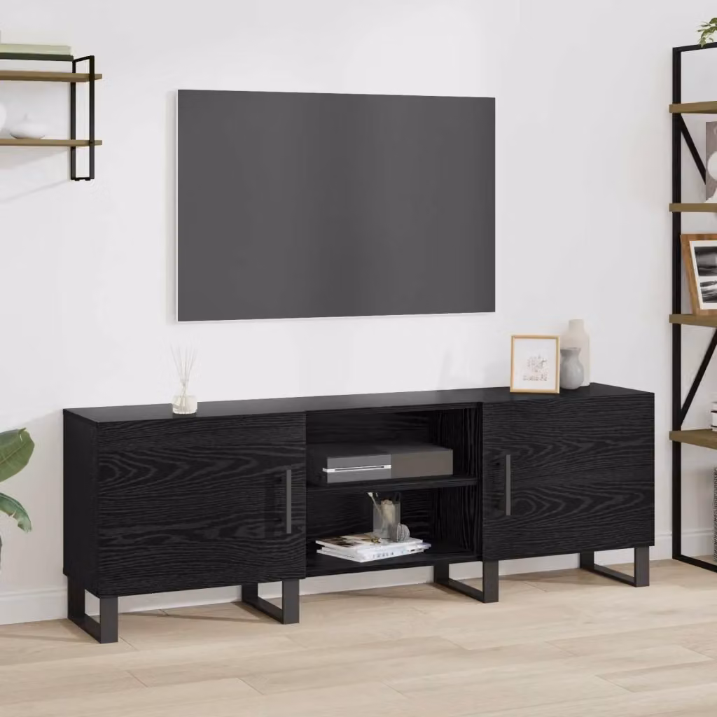 Mobile TV moderno in legno multistrato Rovere Nero con scomparti multimediali L: 150 cm, P: 30 cm, H: 50 cm – 2