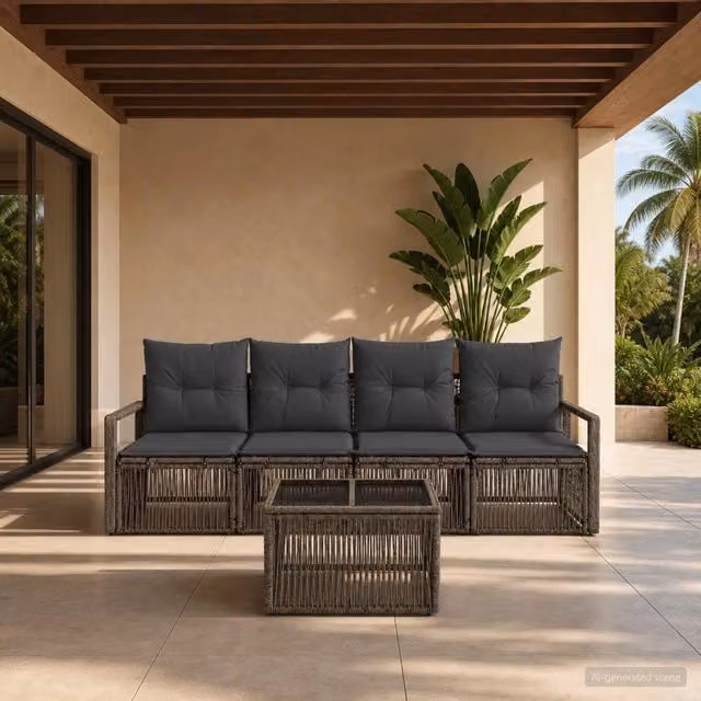 Set da giardino vidaXL composto da 5 pezzi in rattan grigio con divani e tavolino e cuscini inclusi – 1