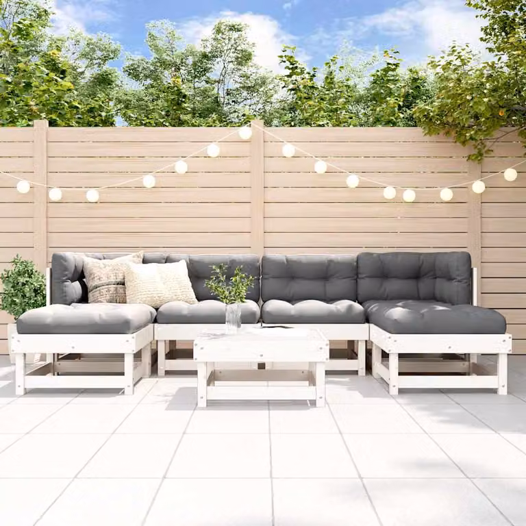 Set Salotto da Giardino vidaXL 7 pz in Legno di Pino Bianco con Cuscini e Design a L