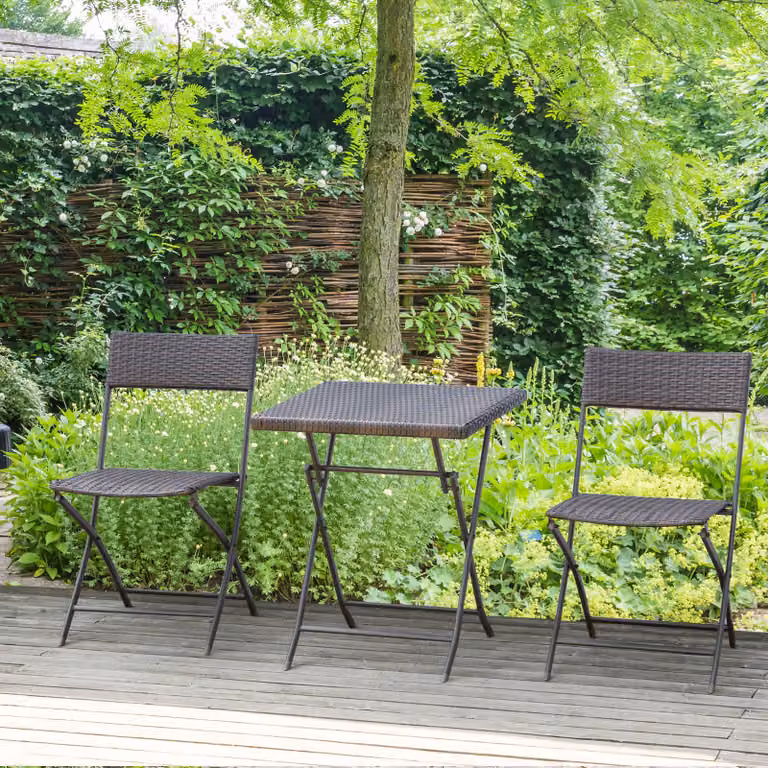 AIORBER Set da 3 pezzi per balcone, in polyrattan con sedie pieghevoli e tavolo in rattan, resistente alle intemperie, salvaspazio e di facile manutenzione, per giardino, terrazza, nero