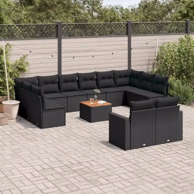 Set di Divani da Giardino a Forma di U vidaXL in Polyrattan Nero con Cuscini e Tavolino da Esterno – 1