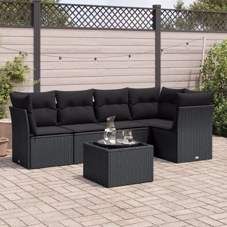 vidaXL Set Divano da Giardino a L 6 pz con Cuscini e Tavolino Nero in Polyrattan e Acciaio