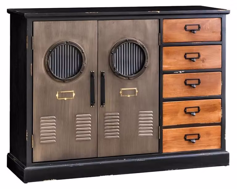 Mobiletto buffet LOCKER, 105 cm – Realizzato in legno di pino, MDF, vetro e metallo – 2 ante e 5 cassetti