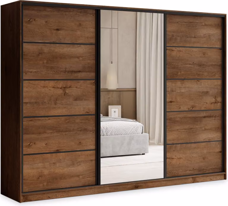 Armadio scorrevole Masseno PINA 235/205/58 cm Armadio con 4 cassetti Armadio per camera da letto a 3 ante con specchio Rovere Lefkas