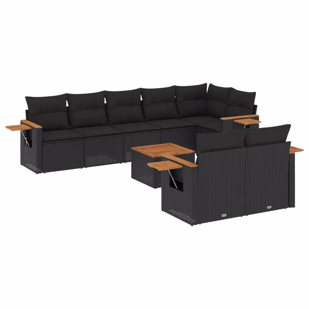 Set di divani da giardino vidaXL 9 pz in polyrattan nero con cuscini e tavolino da esterno a forma di L – 2