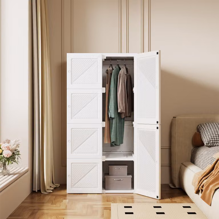Armadio pieghevole ProximaX in bianco con 5 scomparti, 6 ante e 1 asta appendiabiti - Design monoblocco con base stabile, non richiede montaggio