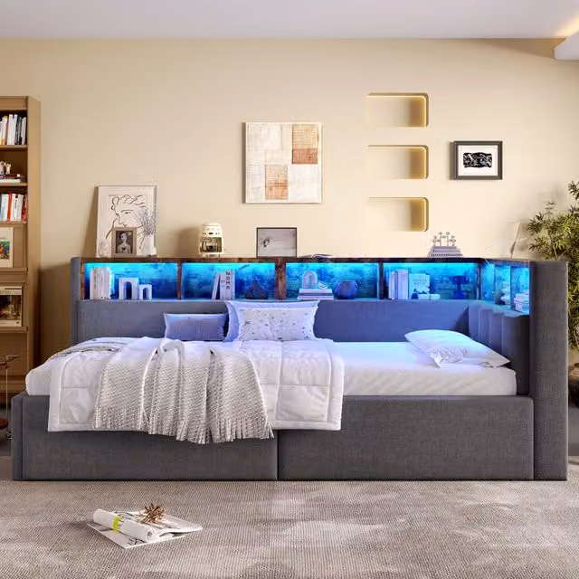 Letto singolo con contenitore 90 × 200 cm in lino e MDF grigio con LED multicolore USB e Type-C
