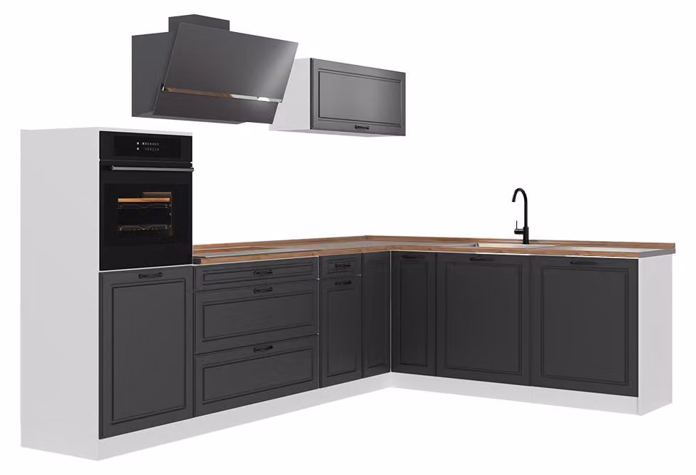 Cucina angolare completa Vicco R-Line Antracite country/Bianco 287 x cm piano di lavoro Rovere dorato, Model 68211
