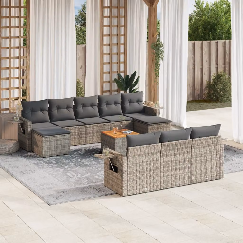 vidaXL Set Divani da Giardino 11 pz in Polyrattan Grigio con Cuscini e Tavolino – 1