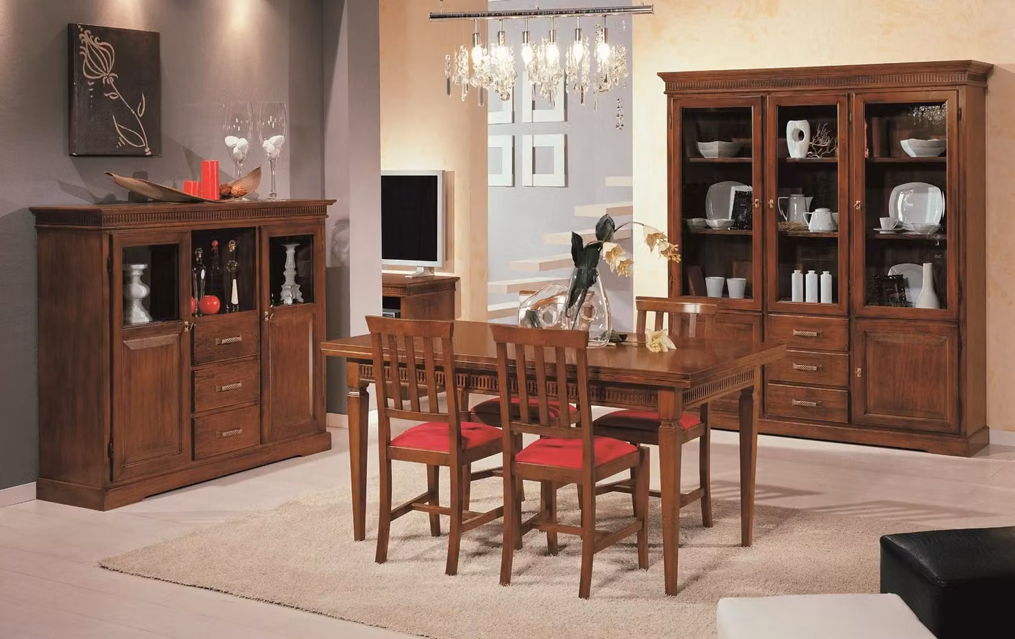 Credenza con vetrina in stile arte povera Mobili 2G con 2 porte, 3 cassetti e ante in vetro, colore marrone, L: 150 cm, P: 47 cm, H: 130 cm – 2