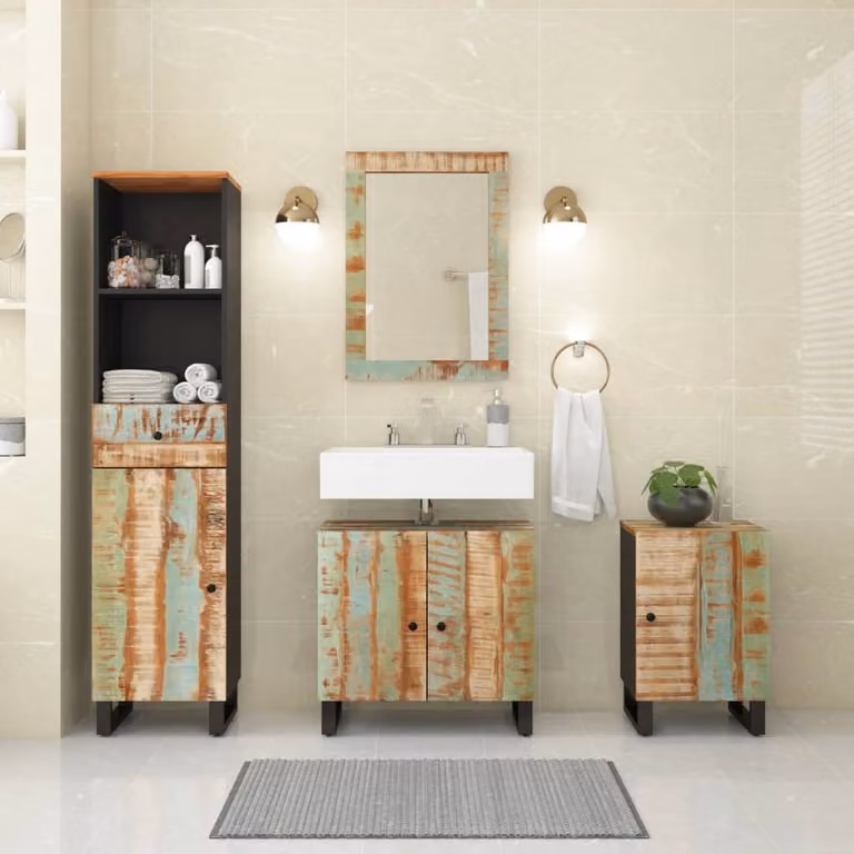 Set di mobili da bagno vidaXL in legno massello di recupero marrone, composto da 4 pezzi con base lavabo, armadio alto, mobile laterale e armadietto con specchio in stile rustico