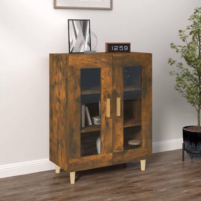 Credenza vidaXL in legno multistrato color rovere fumo con dettagli in vetro, stile minimalista, L: 69,5 cm, P: 34 cm, H: 90 cm