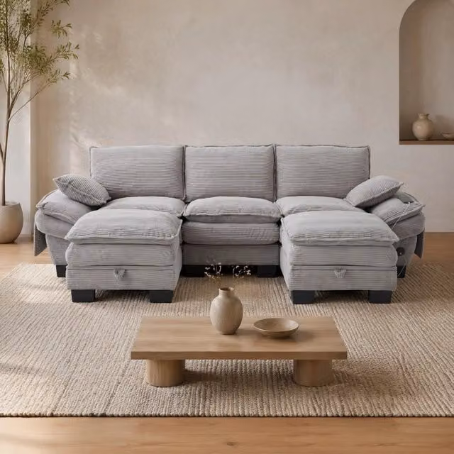 Set da 3 pezzi REDOM composto da divano a 3 posti e 2 hocker in velluto a coste grigio chiaro, L: 260 cm, P: 132 cm, H: 84 cm – 1