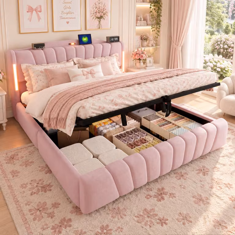 Letto imbottito 180x200 cm con spazio contenitore a sollevamento idraulico, illuminazione LED integrata, luce notturna, porte USB e Type-C, letto matrimoniale in velluto con testiera rialzata, colore rosa