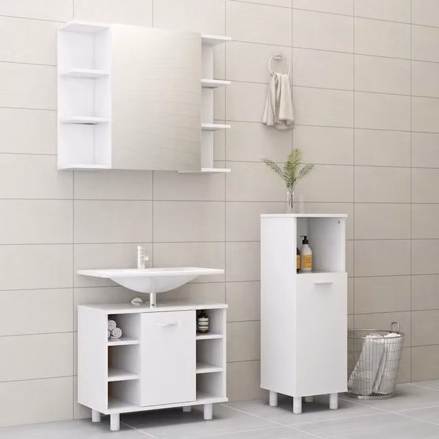 Set Mobili da Bagno Moderno vidaXL in MDF Bianco Opaco con Armadietto Specchio e Mobile Lavabo