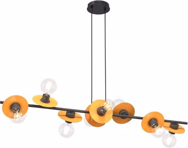 Lampadario 8 Luci Sakhmet Acciaio Nero E Arancio Con Barra E Diffusori A Piatti