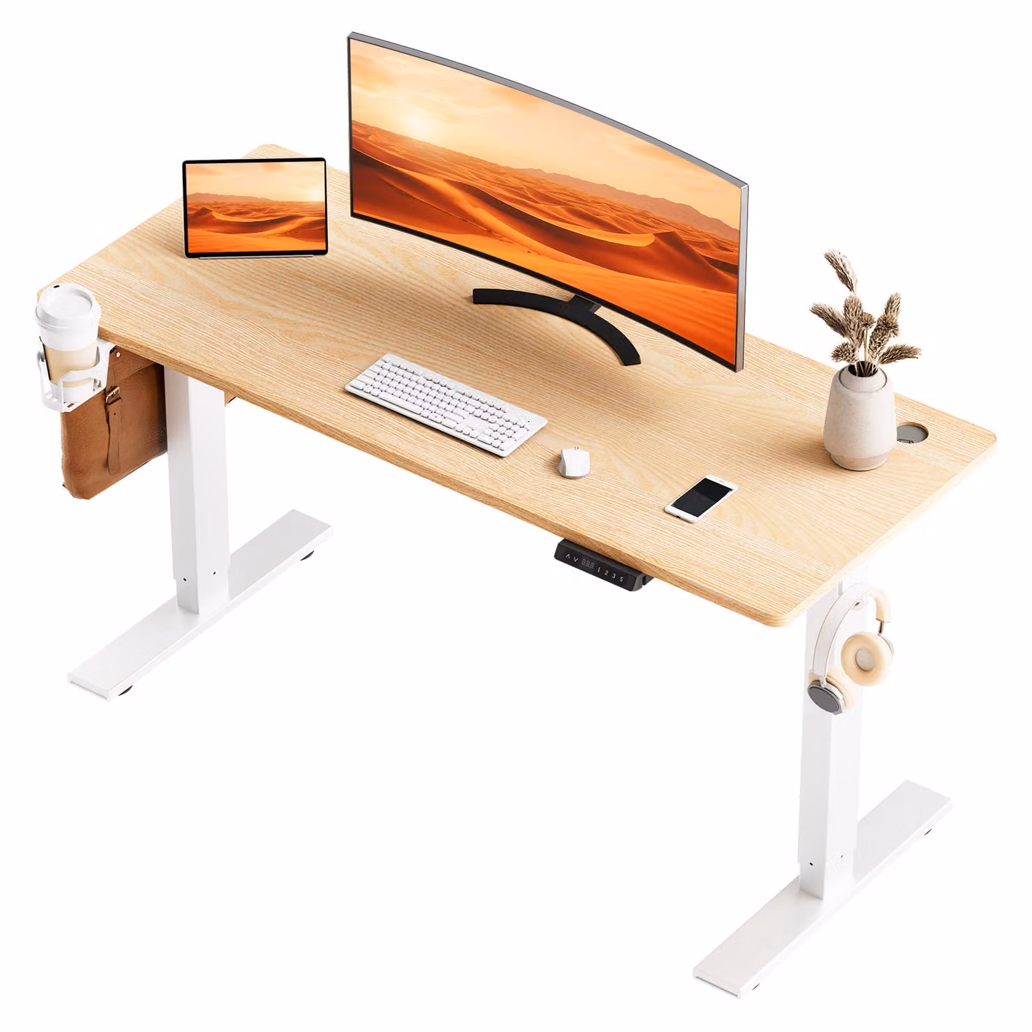 Scrivania 140 x 70 cm, piano da 18 mm, scrivania elettrica regolabile in altezza, sistema di memoria e anticollisione, USB/Type-C con ricarica rapida