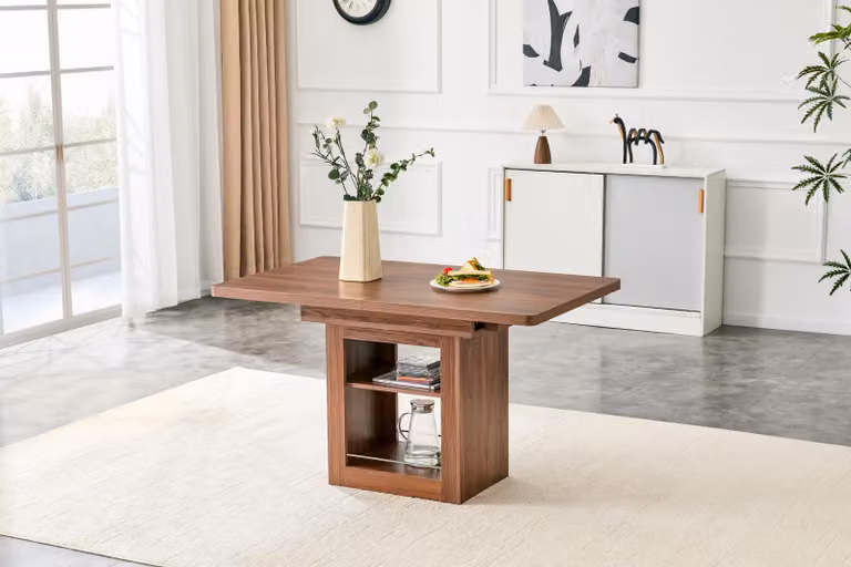 MODFU: Tavolo da pranzo allungabile in legno di noce per 4-8 persone, tavolo da cucina con spazio contenitivo, mobile da cucina, tavolo da soggiorno con piano in legno e guide metalliche
