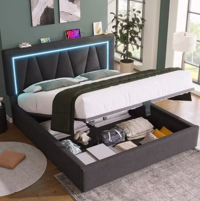 Letto matrimoniale contenitore 140x200 cm con LED; USB e Type-C; rivestimento in lino grigio
