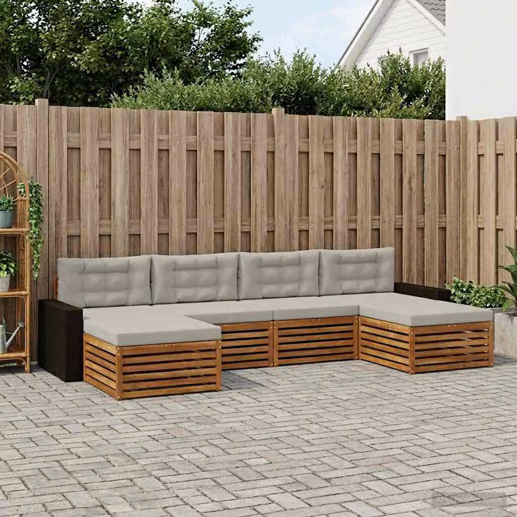 Set di divani da esterno vidaXL a forma di U in legno di acacia con cuscini, 6 pezzi, Naturale e Grigio Chiaro