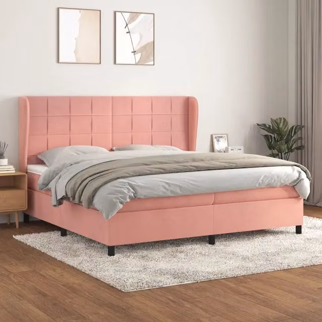 Letto matrimoniale con giroletto a molle e materasso ibrido vidaXL in velluto rosa e bianco L/P/H: 200 x 200 x 128 cm