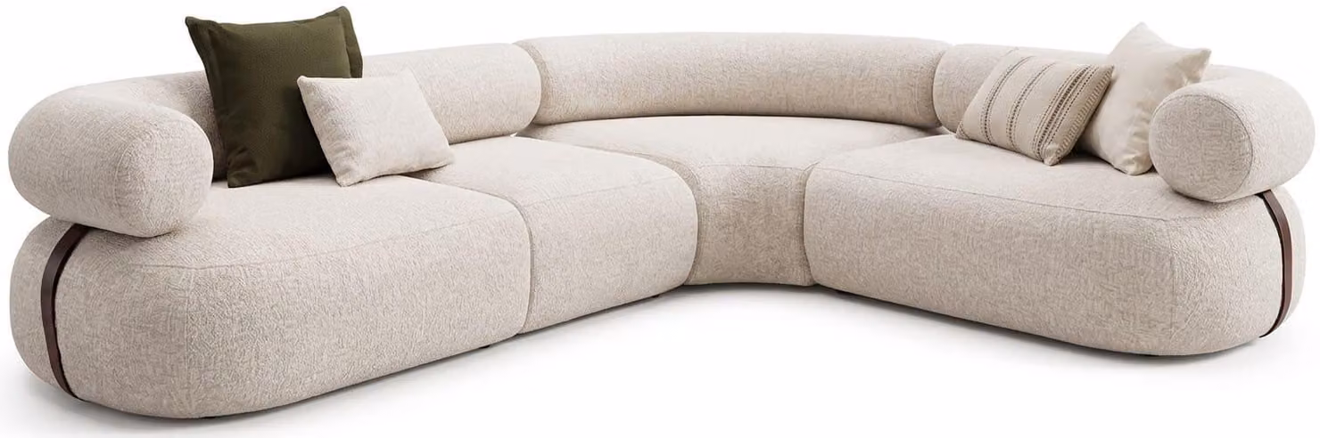 Divano ad angolo a forma di "L", color beige, comodo, confortevole e pratico, ideale per il soggiorno