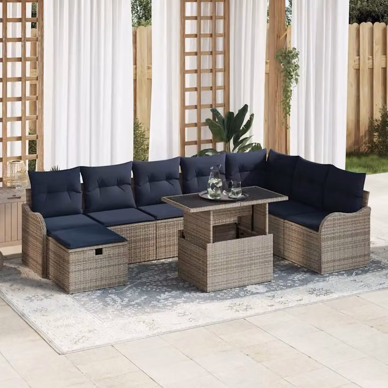 Set Divano da Giardino vidaXL 9 pz a Forma a L con Poltrona, Tavolino e Cuscini, Colore Grigio e Blu, Struttura in Metallo e Polyrattan