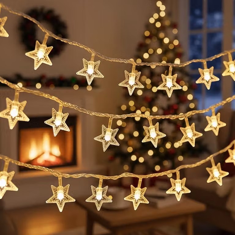 Catena luminosa a forma di stella, 3 metri, 20 LED bianco caldo, 2 modalità, per interni ed esterni