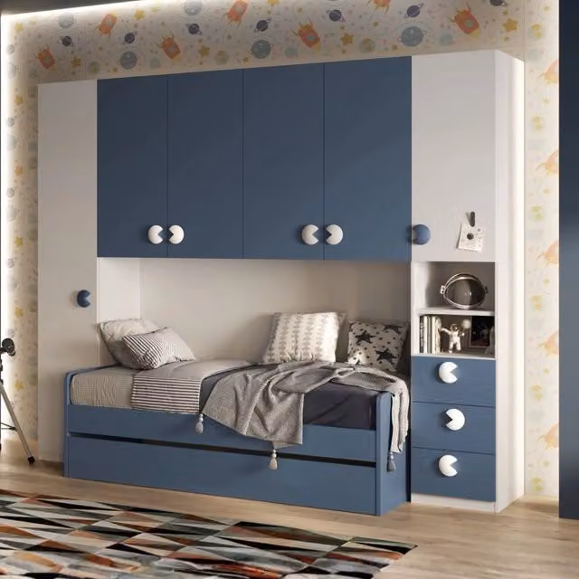 Cameretta a ponte Gilbert Veriaffari con 2 letti e armadio, bianco opaco e blu, L: 293 cm, P: 55 cm, H: 240,5 cm – 1