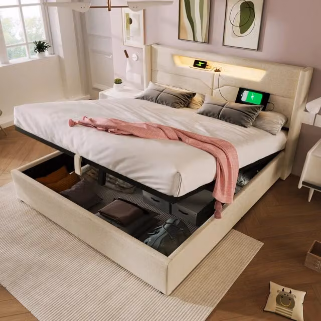 Letto Matrimoniale REDOM in Lino Beige con Illuminazione LED, Porte USB Type C e Contenitore Alzabile, L/P/H: 212 x 160 x 107 cm