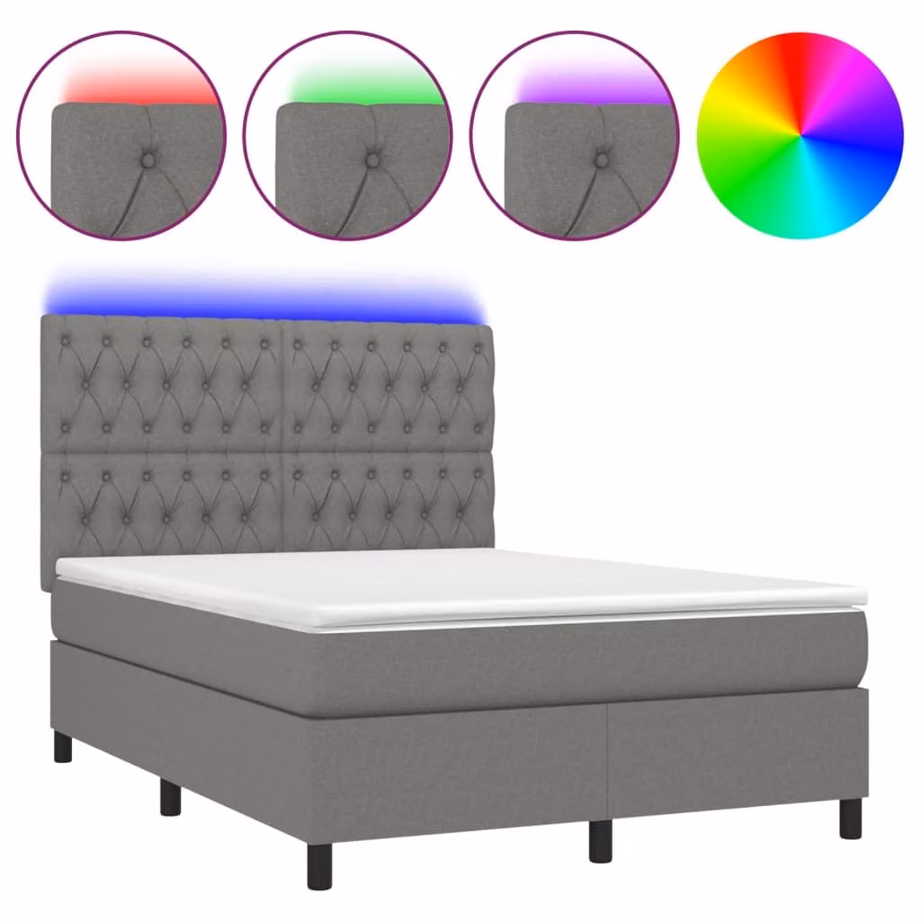 Letto a Molle Materasso e LED Grigio Scuro 140x200cm in Tessuto