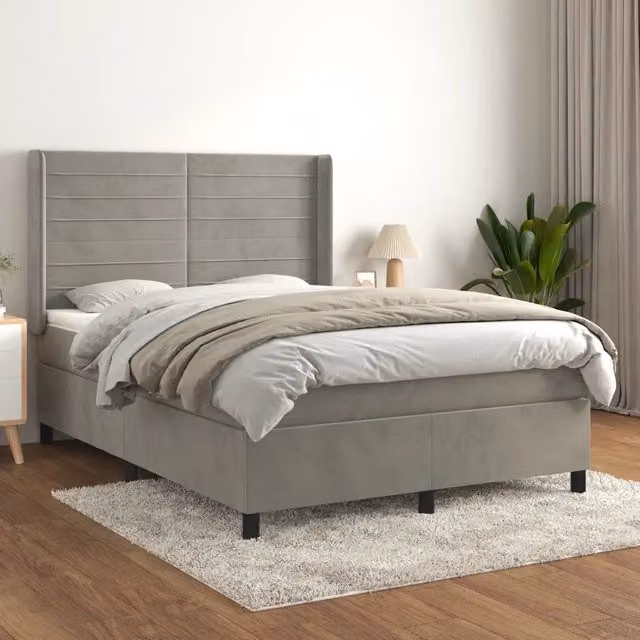 Letto Ibrido vidaXL con Giroletto a Molle e Materasso in Velluto Grigio Chiaro e Bianco, Struttura in Legno di Larice e Metallo, L/P/H: 193 x 147 x 128 cm – 1