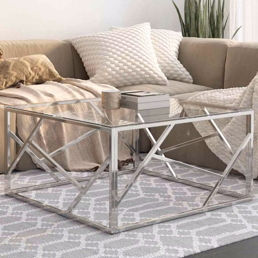 vidaXL Tavolino da salotto moderno in vetro temperato e acciaio inossidabile argento L: 80 cm, P: 80 cm, H: 40 cm