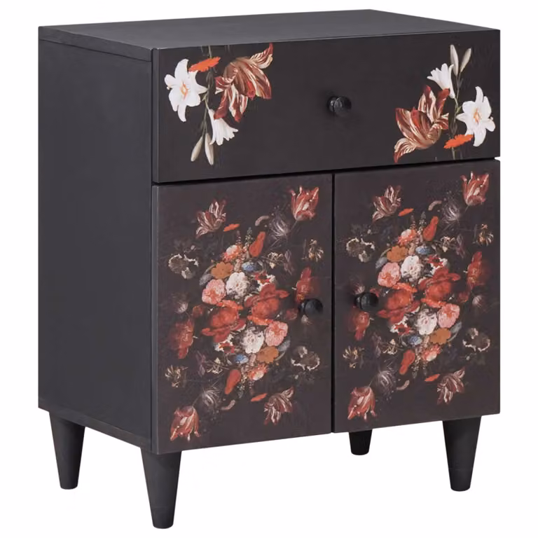 Comodino moderno vidaXL in legno di mango massello con decorazione floreale multicolore L: 50 cm, P: 33 cm, H: 60 cm