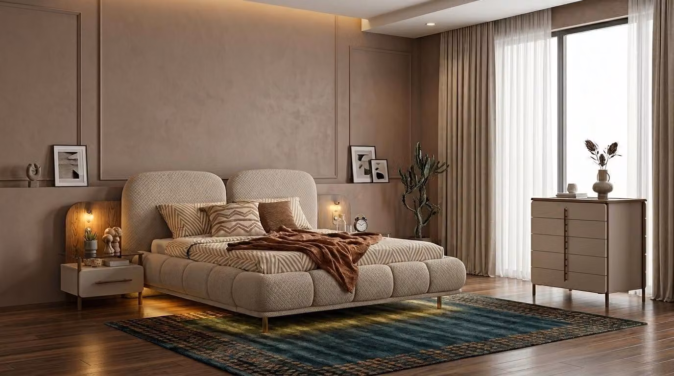 Bett con 2 comodini e cassettiera, stile moderno, colore beige