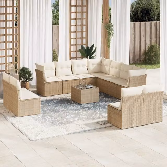 Set di Divani da Giardino VIDAXL in Polyrattan con Cuscini Beige, Design Moderno a Forma di U, 12 Pezzi