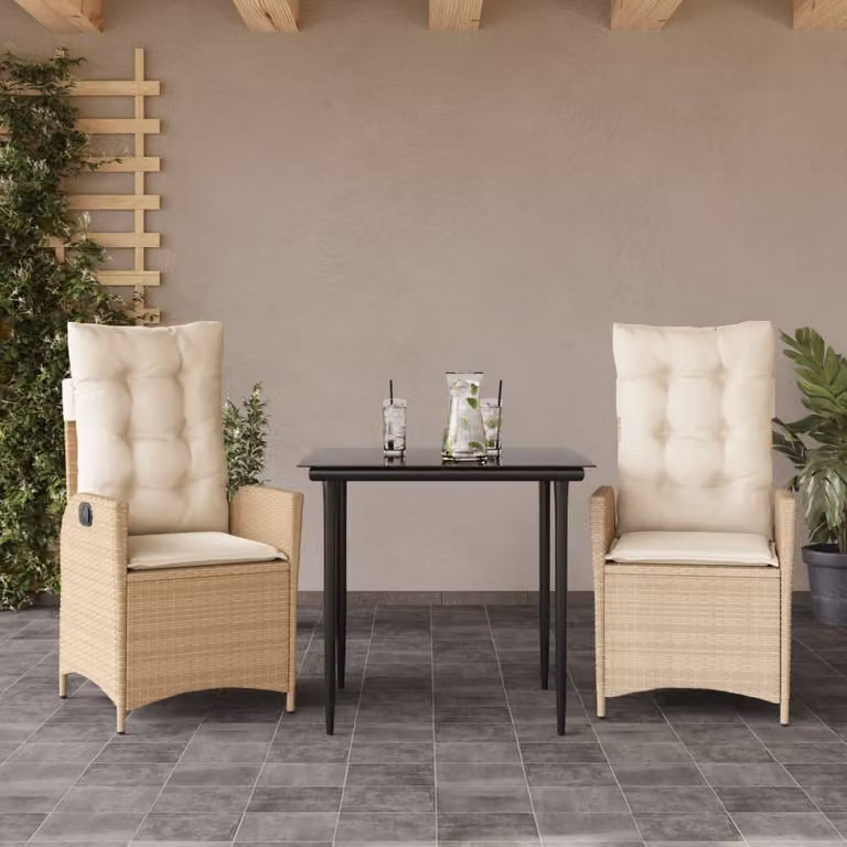 Set da Pranzo da Giardino 3 pz vidaXL in Polyrattan con Cuscini Beige e Tavolo in Vetro