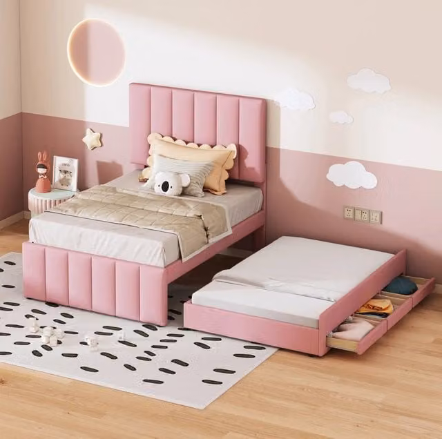 Letto imbottito 90x200 cm rosa, struttura in MDF e metallo con letto estraibile