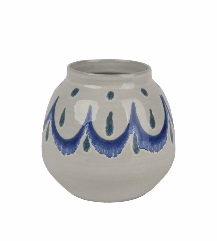 Kaemingk Vaso decorativo in terracotta bianco 19xH18 cm con decoro blu