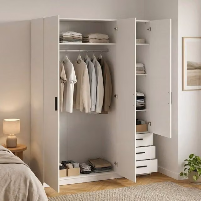 Armadio Simeon DMORA a 3 ante con cassetti, mobile per camera da letto bianco opaco, L: 147 cm, P: 50 cm, H: 200 cm
